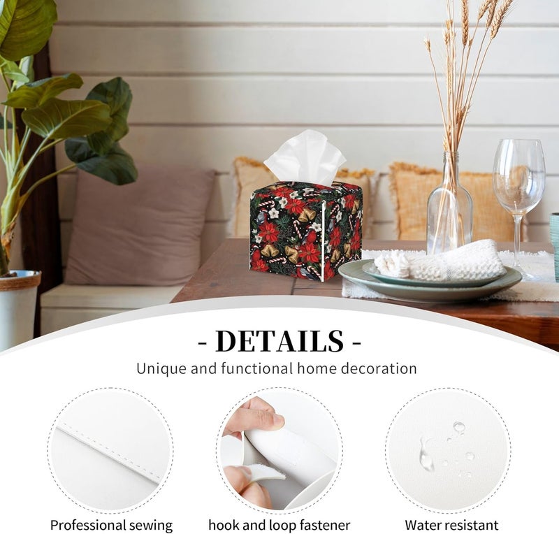 sndheke Christmas Poinsettia Flowers Tissue Box Cover Square,Xmas Bells Candy Cane Tissue Box Holder Waterproof Leather Facial Paper Organizer Dispenser for Bathroom Home Car Nightstand Vanity Desk - Image 3